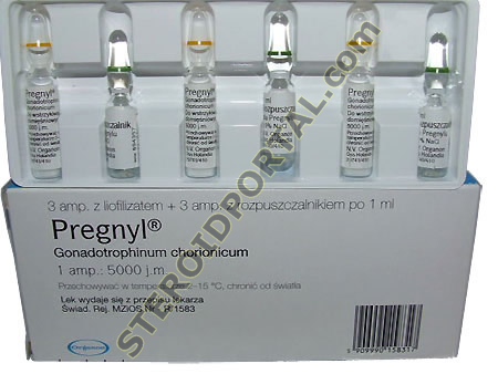 Pregnyl 3 x 5000 IU in amp & 3 x 1ml amp of water solution (HCG - Human chorionic gonadotropin) Organon, Holland